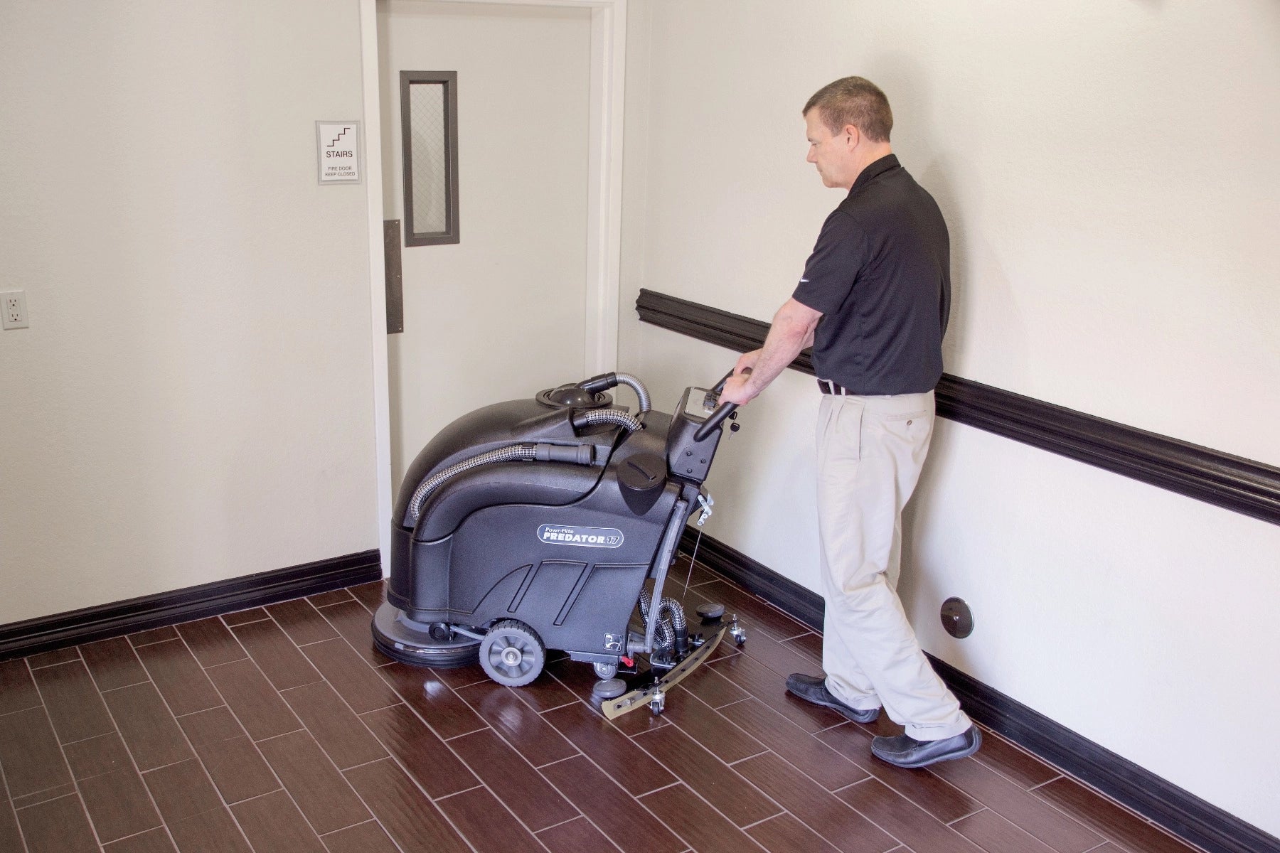 Powr-Flite Predator 17 Walk-Behind Automatic Scrubber - In Use Tile