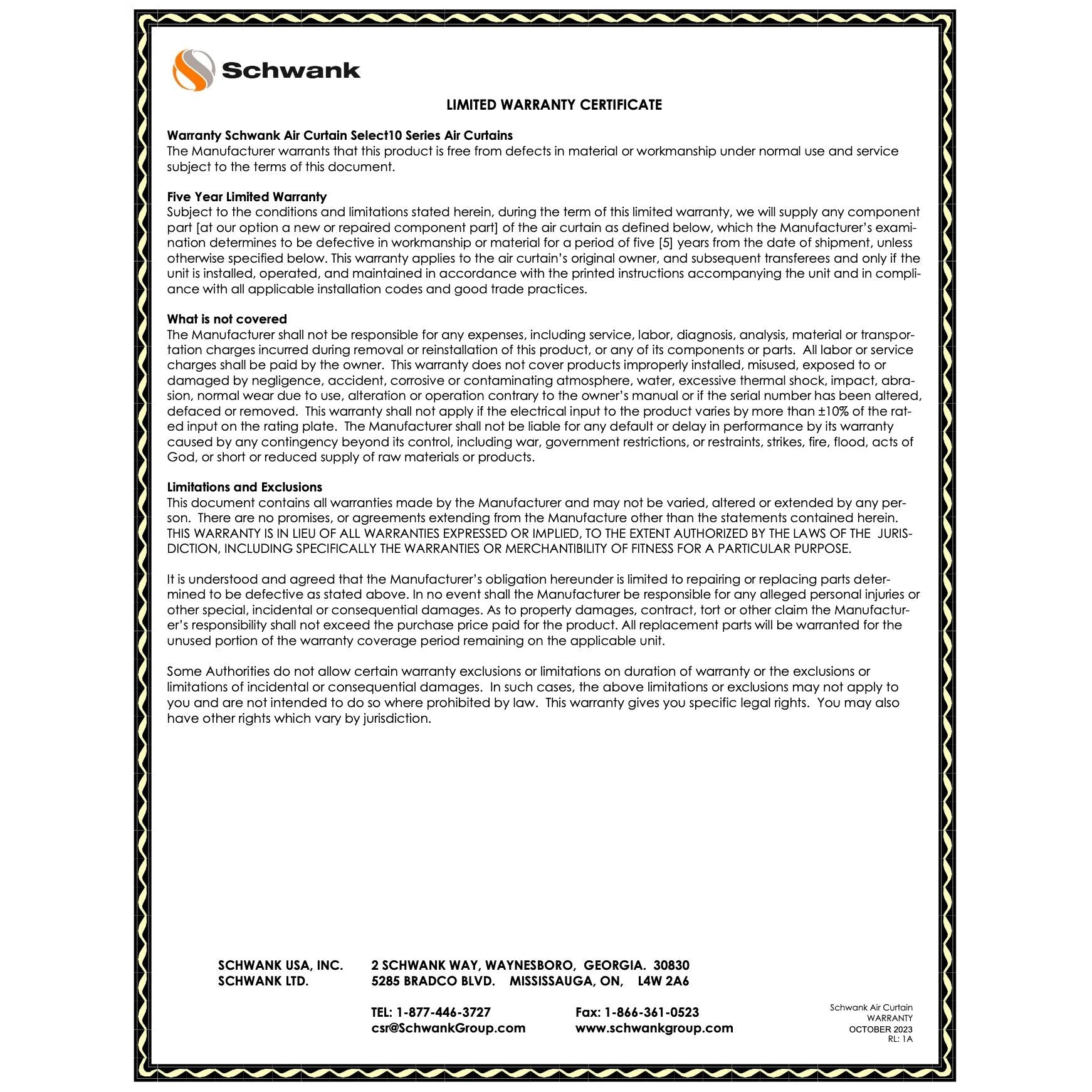 Schwank Select10 60 Air Curtain Ambient 230V Single Phase 1592 CFM_AC-KA60-23_Warranty